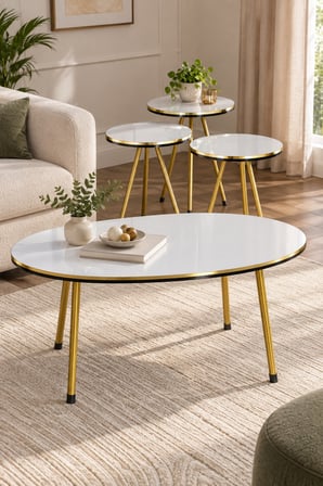 SuloraHome Gold Metal Düz Ayaklı 4'lü Sehpa Seti Beyaz Mermer Desenli