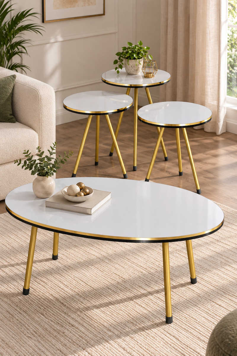 SuloraHome Gold Metal Düz Ayaklı 4'lü Sehpa Seti Beyaz Mermer Desenli
