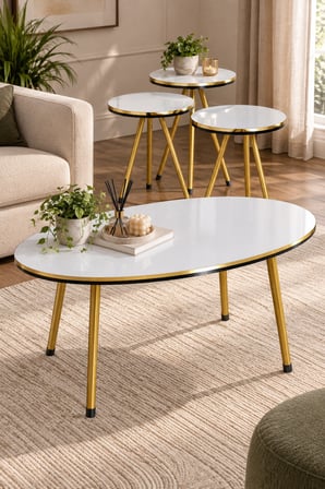 SuloraHome Gold Metal Düz Ayaklı 4'lü Sehpa Seti Beyaz Mermer Desenli