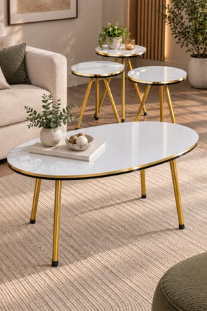 SuloraHome Gold Metal Düz Ayaklı 4'lü Sehpa Seti Beyaz Mermer Desenli