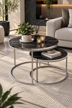 SuloraHome Gümüş Metal Ayaklı Siyah Mermer Desenli 2'li Orta Sehpa Seti