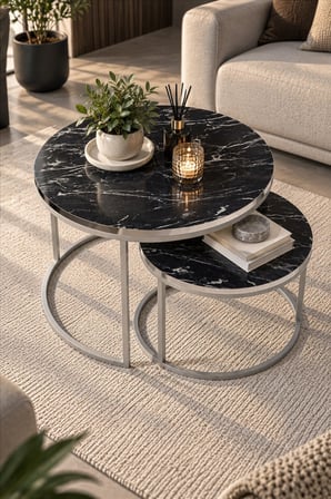 SuloraHome Gümüş Metal Ayaklı Siyah Mermer Desenli 2'li Orta Sehpa Seti