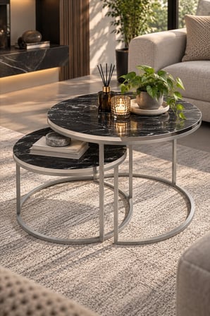 SuloraHome Gümüş Metal Ayaklı Siyah Mermer Desenli 2'li Orta Sehpa Seti