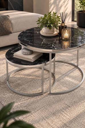 SuloraHome Gümüş Metal Ayaklı Siyah Mermer Desenli 2'li Orta Sehpa Seti