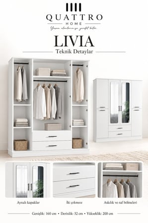 Livia 4 Kapaklı Aynalı 2 Çekmeceli Gardırop