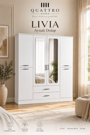 Livia 4 Kapaklı Aynalı 2 Çekmeceli Gardırop