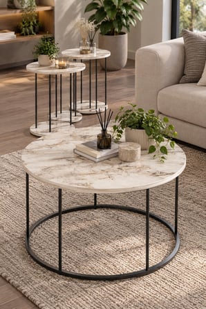 SuloraHome 4'lü Mermer Desenli Yuvarlak Sehpa Seti - Siyah Metal Ayaklı