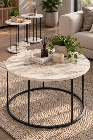 SuloraHome 4'lü Mermer Desenli Yuvarlak Sehpa Seti - Siyah Metal Ayaklı