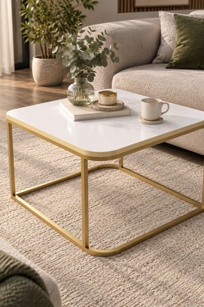 SuloraHome Beyaz Kare Orta Sehpa Gold Metal Ayaklı