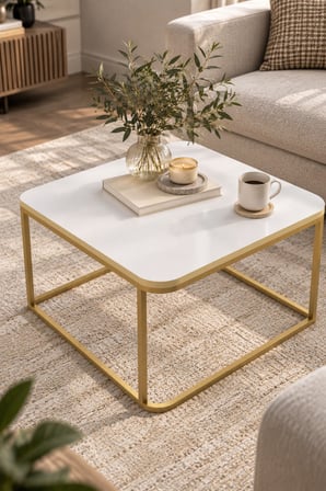 SuloraHome Beyaz Kare Orta Sehpa Gold Metal Ayaklı