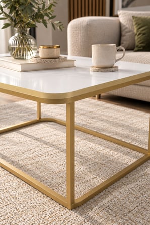 SuloraHome Beyaz Kare Orta Sehpa Gold Metal Ayaklı