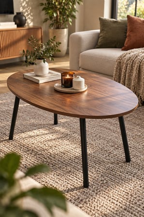 SuloraHome Ceviz Desenli Metal Ayaklı Oval Orta Sehpa
