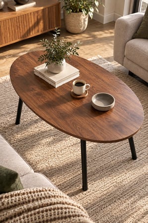 SuloraHome Ceviz Desenli Metal Ayaklı Oval Orta Sehpa