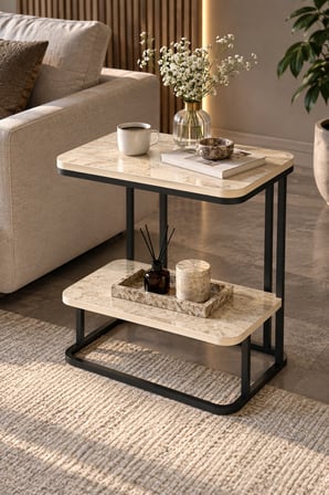 SuloraHome Ekru Traverten Desenli 2 Katlı Yan Sehpa 55 cm