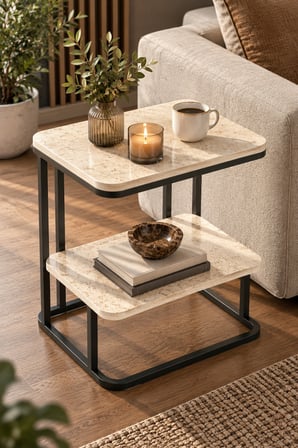 SuloraHome Ekru Traverten Desenli 2 Katlı Yan Sehpa 55 cm