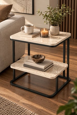 SuloraHome Ekru Traverten Desenli 2 Katlı Yan Sehpa 55 cm