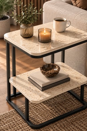 SuloraHome Ekru Traverten Desenli 2 Katlı Yan Sehpa 55 cm