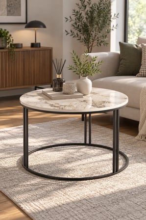 SuloraHome Efes Beyaz Mermer Desenli Yuvarlak Orta Sehpa 70 cm
