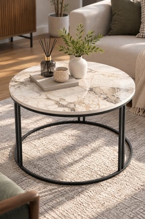 SuloraHome Efes Beyaz Mermer Desenli Yuvarlak Orta Sehpa 70 cm
