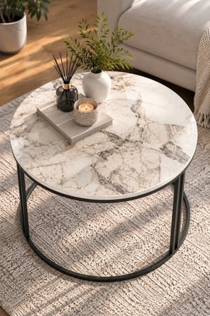 SuloraHome Efes Beyaz Mermer Desenli Yuvarlak Orta Sehpa 70 cm