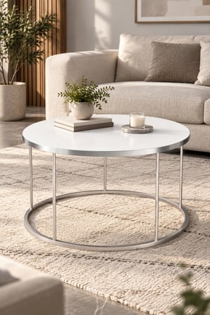 SuloraHome Gümüş Ayaklı Beyaz Yuvarlak Orta Sehpa