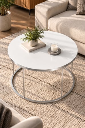 SuloraHome Gümüş Ayaklı Beyaz Yuvarlak Orta Sehpa