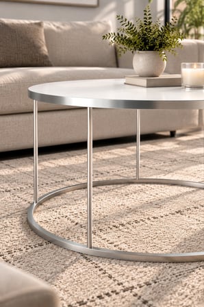 SuloraHome Gümüş Ayaklı Beyaz Yuvarlak Orta Sehpa