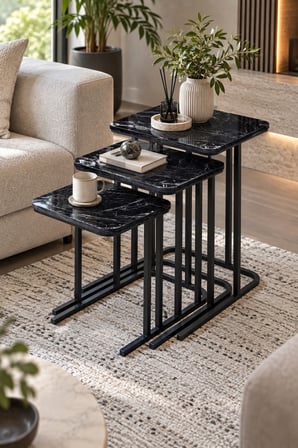 SuloraHome 3'lü Zigon Sehpa Seti Siyah Mermer Desenli Metal Ayaklı