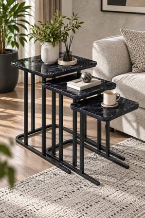 SuloraHome 3'lü Zigon Sehpa Seti Siyah Mermer Desenli Metal Ayaklı