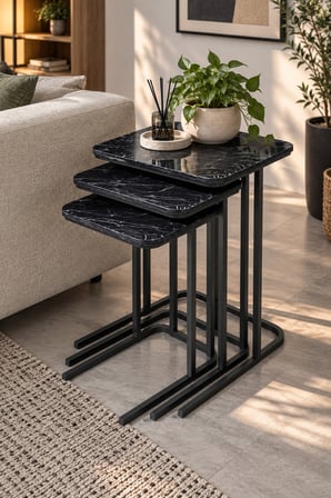 SuloraHome 3'lü Zigon Sehpa Seti Siyah Mermer Desenli Metal Ayaklı