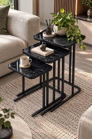SuloraHome 3'lü Zigon Sehpa Seti Siyah Mermer Desenli Metal Ayaklı