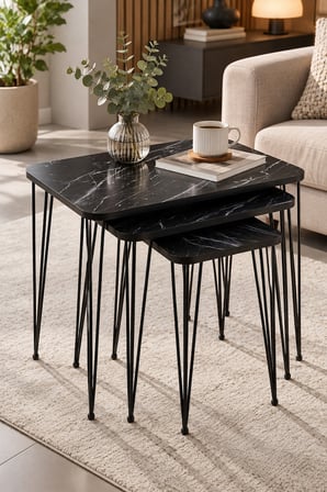 SuloraHome Siyah Mermer Desenli Metal Tel Ayaklı 3'lü Zigon Sehpa Takımı
