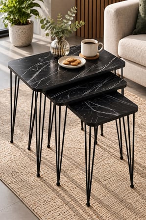 SuloraHome Siyah Mermer Desenli Metal Tel Ayaklı 3'lü Zigon Sehpa Takımı