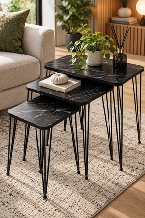 SuloraHome Siyah Mermer Desenli Metal Tel Ayaklı 3'lü Zigon Sehpa Takımı