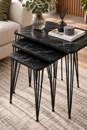 SuloraHome Siyah Mermer Desenli Metal Tel Ayaklı 3'lü Zigon Sehpa Takımı
