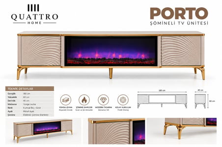 Porto Elektrikli Şömineli TV Ünitesi 180 cm Kumsal Bej Gold Metal Ayaklı Modern TV Sehpası