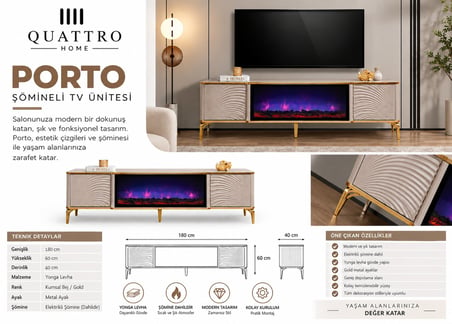 Porto Elektrikli Şömineli TV Ünitesi 180 cm Kumsal Bej Gold Metal Ayaklı Modern TV Sehpası