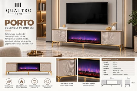 Porto Elektrikli Şömineli TV Ünitesi 180 cm Kumsal Bej Gold Metal Ayaklı Modern TV Sehpası