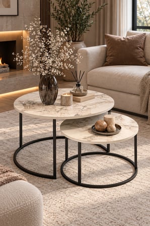 SuloraHome Ekru İkili Orta Sehpa Seti Metal Ayaklı