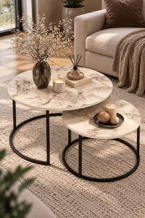 SuloraHome Ekru İkili Orta Sehpa Seti Metal Ayaklı