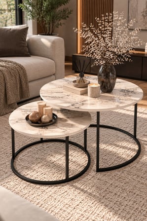 SuloraHome Ekru İkili Orta Sehpa Seti Metal Ayaklı
