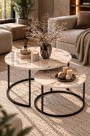 SuloraHome Ekru İkili Orta Sehpa Seti Metal Ayaklı