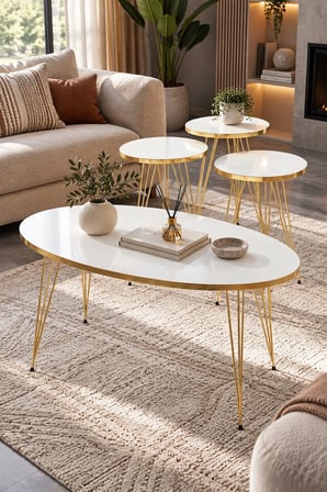 SuloraHome Beyaz Elips Orta Sehpa ve 3'lü Zigon Sehpa Seti Gold Ayak