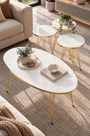 SuloraHome Beyaz Elips Orta Sehpa ve 3'lü Zigon Sehpa Seti Gold Ayak