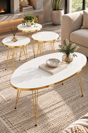 SuloraHome Beyaz Elips Orta Sehpa ve 3'lü Zigon Sehpa Seti Gold Ayak