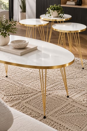 SuloraHome Beyaz Elips Orta Sehpa ve 3'lü Zigon Sehpa Seti Gold Ayak