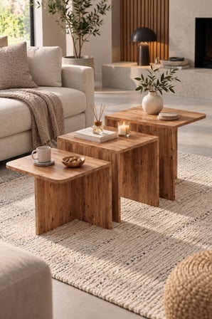 SuloraHome Orta Sehpa Zigon Sehpa 3'lü Yan Sehpa Modern Salon Sehpası Kare Orta Sehpa Liva 9257 Atlantik Çam