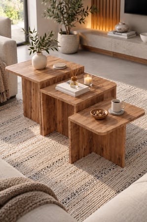 SuloraHome Orta Sehpa Zigon Sehpa 3'lü Yan Sehpa Modern Salon Sehpası Kare Orta Sehpa Liva 9257 Atlantik Çam
