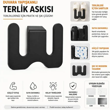 Duvara Yapıştırılabilir Terlik Askısı Metal Terlik Organizeri Banyo Terlik Tutucu Yapışkanlı Duvar Askılığı Çift Terlik Aparatı Siyah Minimalist Tasarım