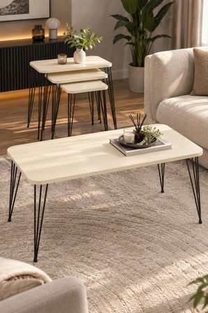 SuloraHome Siyah Tel Ayaklı Krem Rengi 4'lü Sehpa Seti